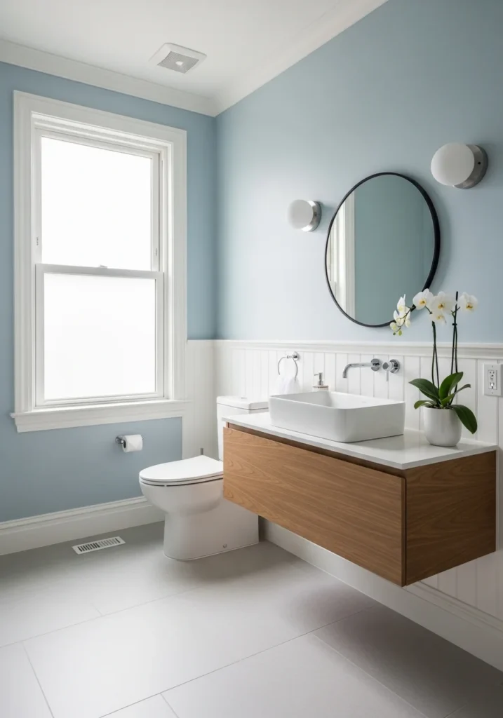 Soft powder blue bathroom with white trim and natural light.