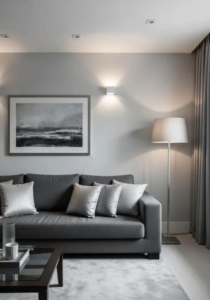 Layered gray tones in a modern gray and black living room.