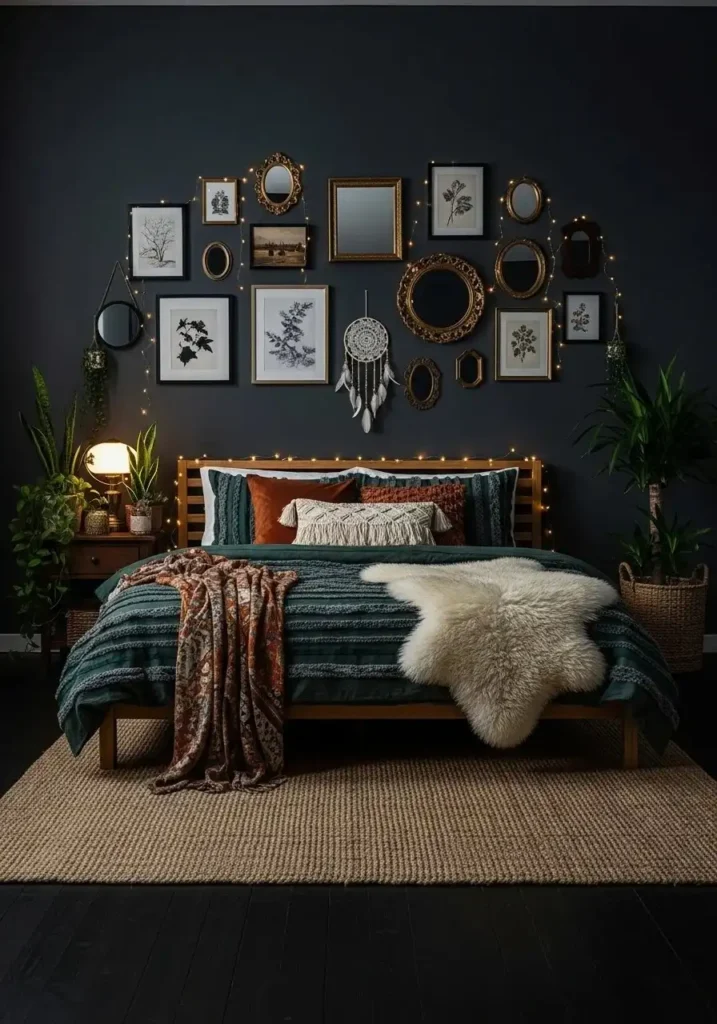 Boho bedroom wall decorated with art and mirrors.