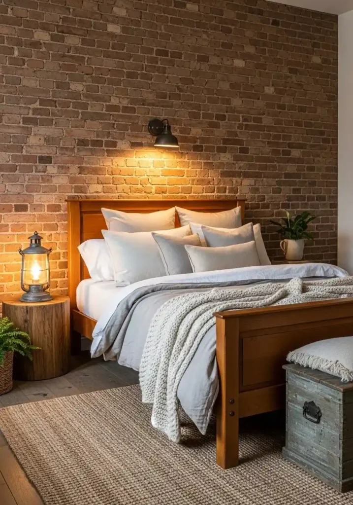 rustic bedroom with brick accent wall