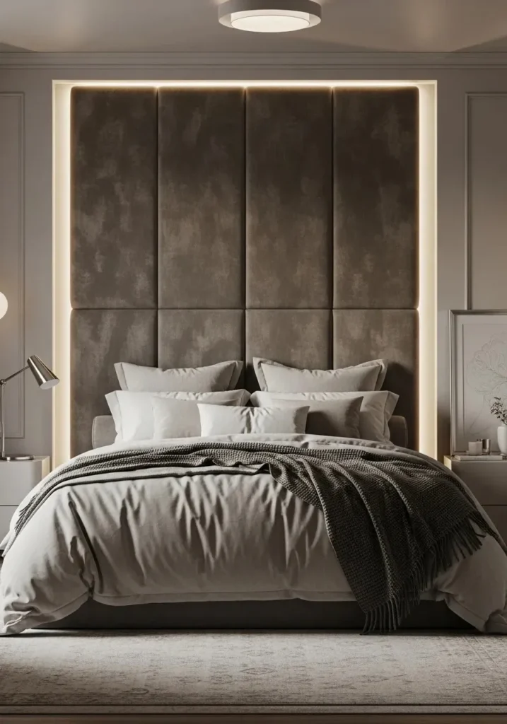 Fabric upholstered accent wall adding luxury and warmth to a bedroom.