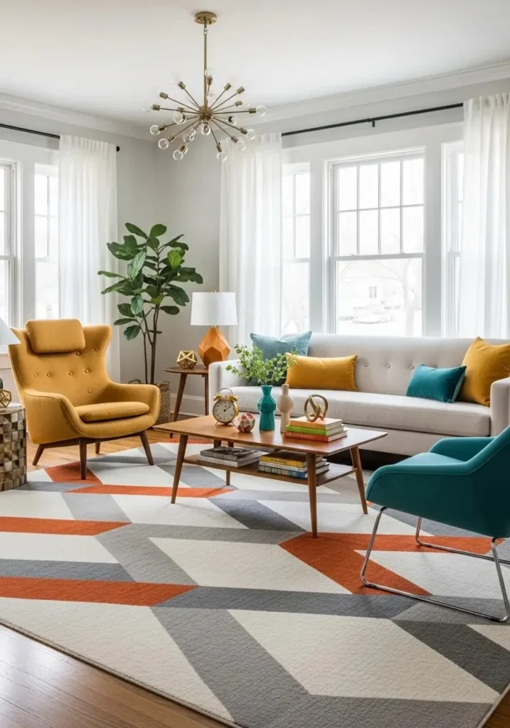 mid century modern living room with geometric rug