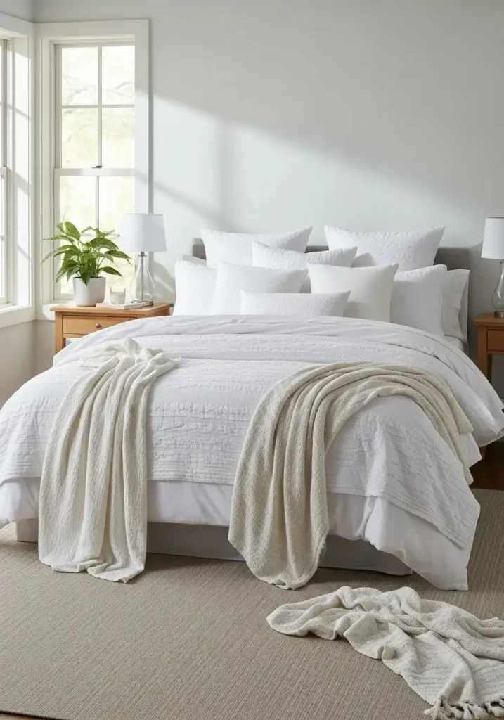 White layered bedding with textures and soft throws.