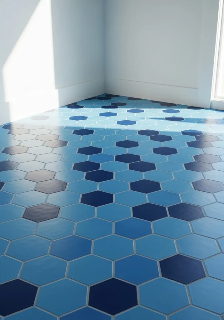 Blue hexagon patterned floor tiles in bathroom.