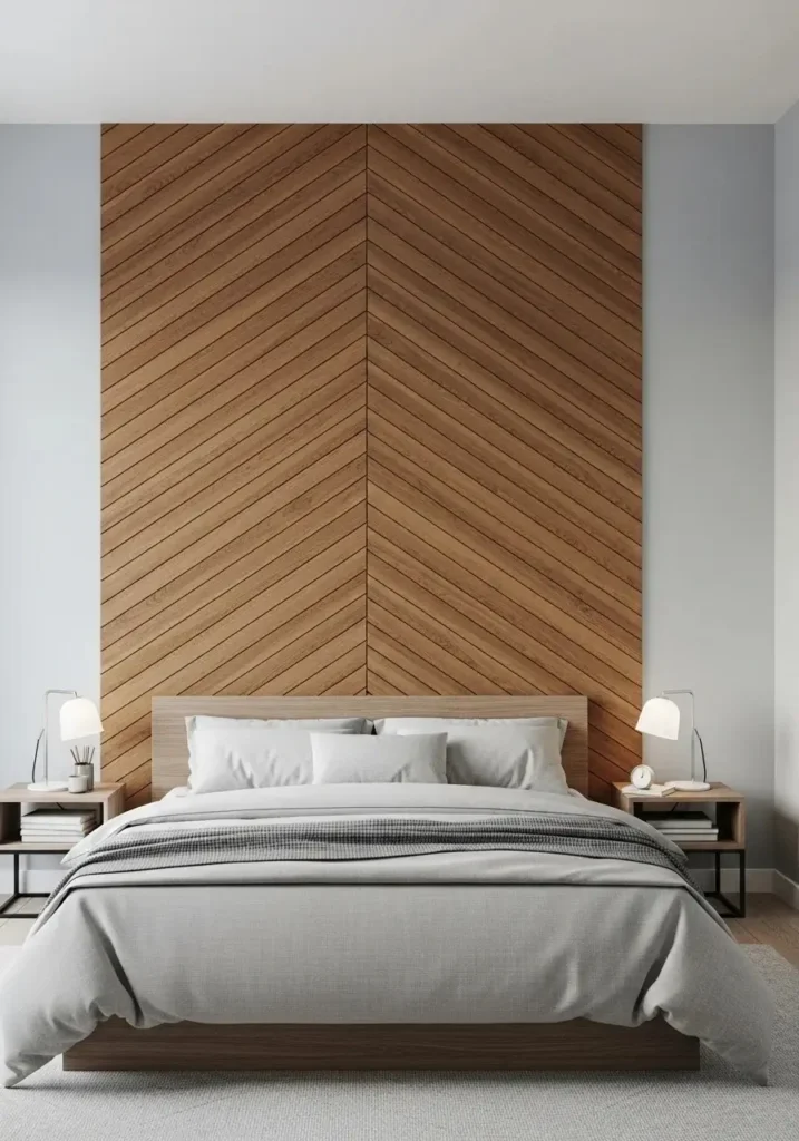 Chevron wood pattern accent wall behind bed in a modern bedroom.