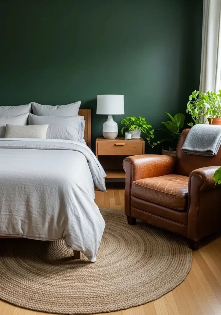 Forest green accent wall bedroom with earthy textures creating intimate and cozy atmosphere.
