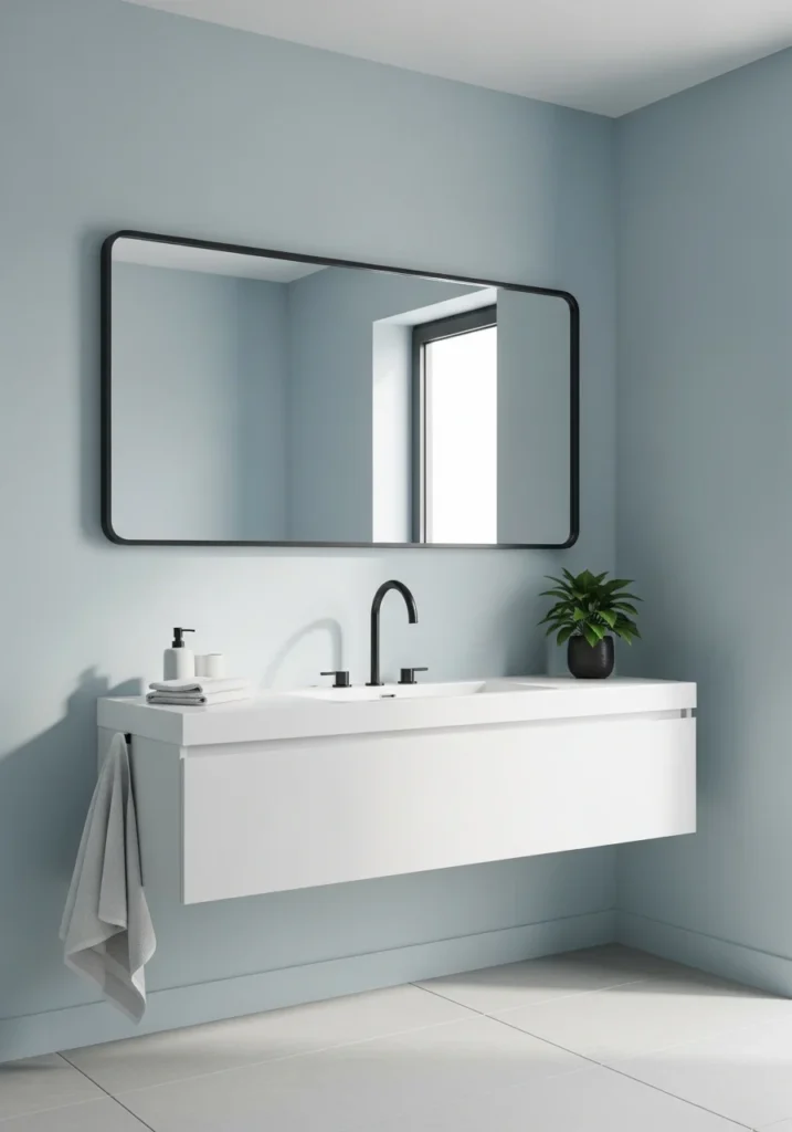 Modern light blue bathroom with black accents.