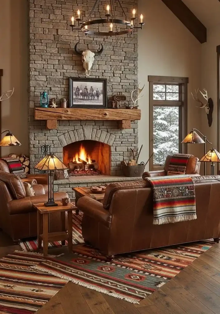 Cozy rustic western living room with a stone fireplace and leather furniture.