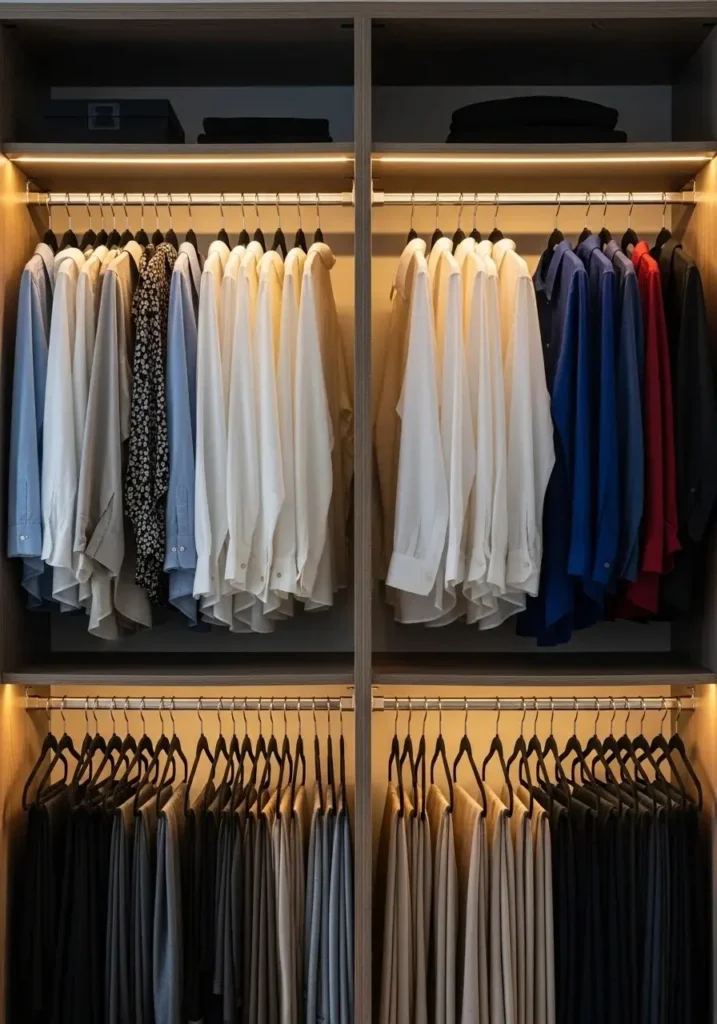 Small closet with slim hangers to save space