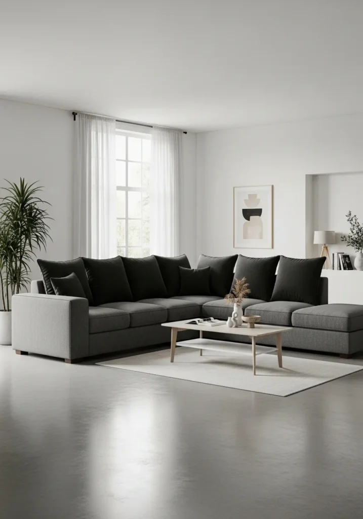 Gray sectional sofa in a black and gray living room.