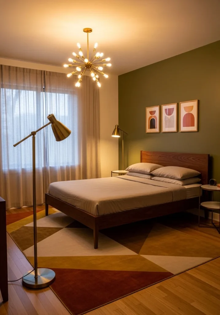 mid century bedroom with sculptural lighting fixture