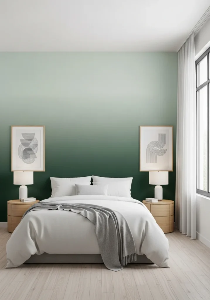 Green ombre accent wall bedroom with gradient effect adding depth and visual interest