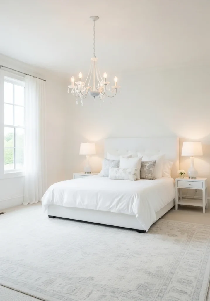 White lighting fixtures enhancing serene bedroom.