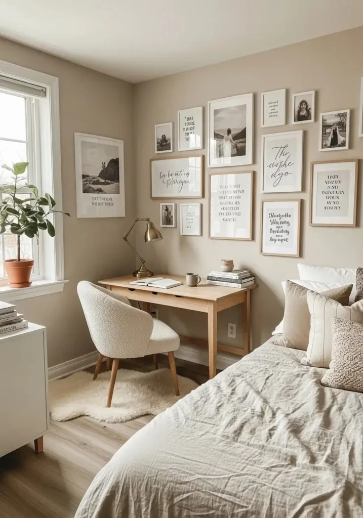 Photo wall with quotes and pictures in a stylish college bedroom.