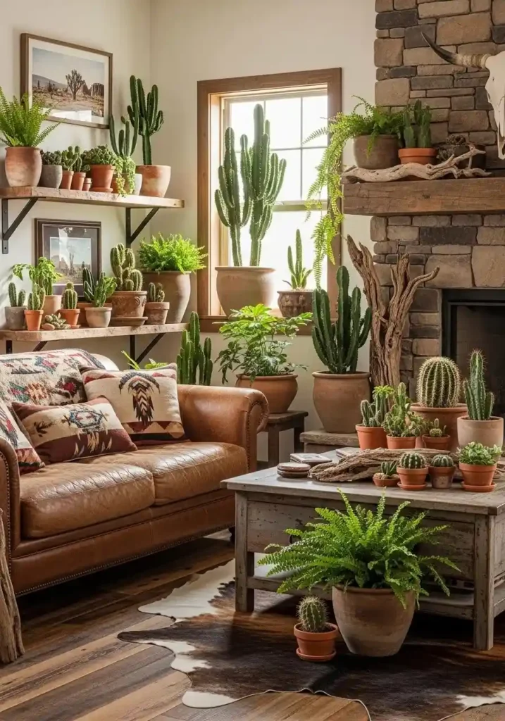 Green plants and natural accents in a rustic western living room.
