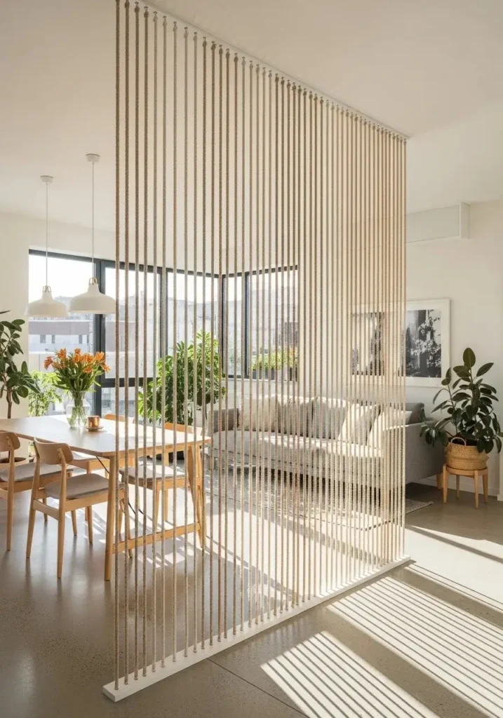 Vertical rope room divider in living area
