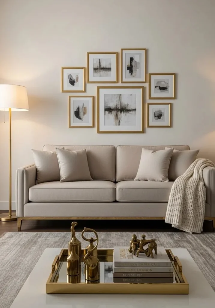 Beige couch styled with metallic accents in gold and brass, creating an elegant and polished living room.
