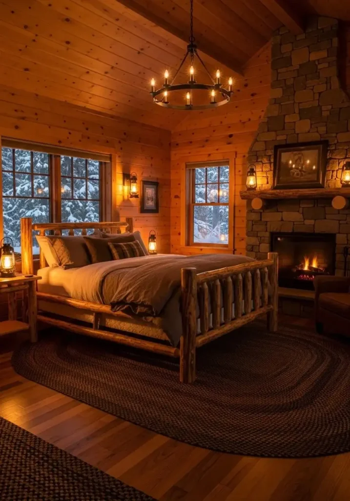 Soft, warm lighting in a cabin bedroom enhances the cozy, relaxing atmosphere.