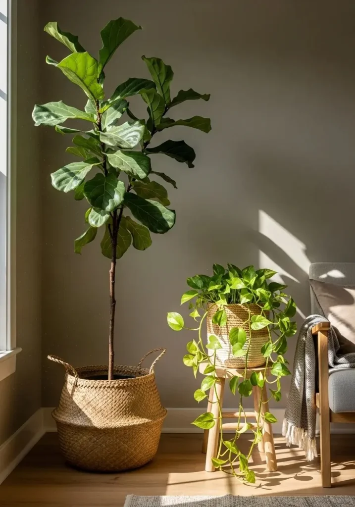 Lush indoor plants in retro living room.