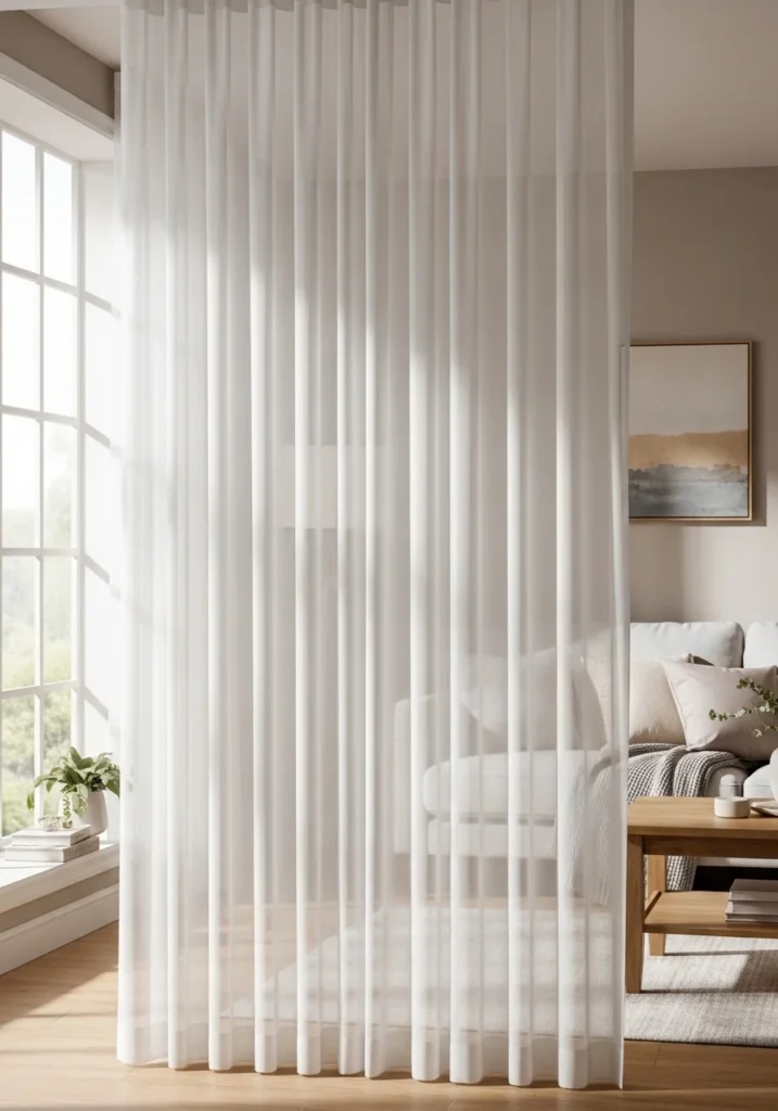 curtain divider creating soft separation in living room