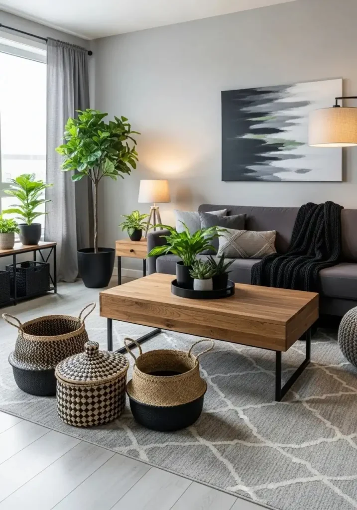 Natural elements softening a gray and black living room.