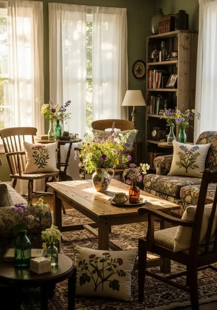 Cottagecore living room with floor-length linen curtains and sunlight