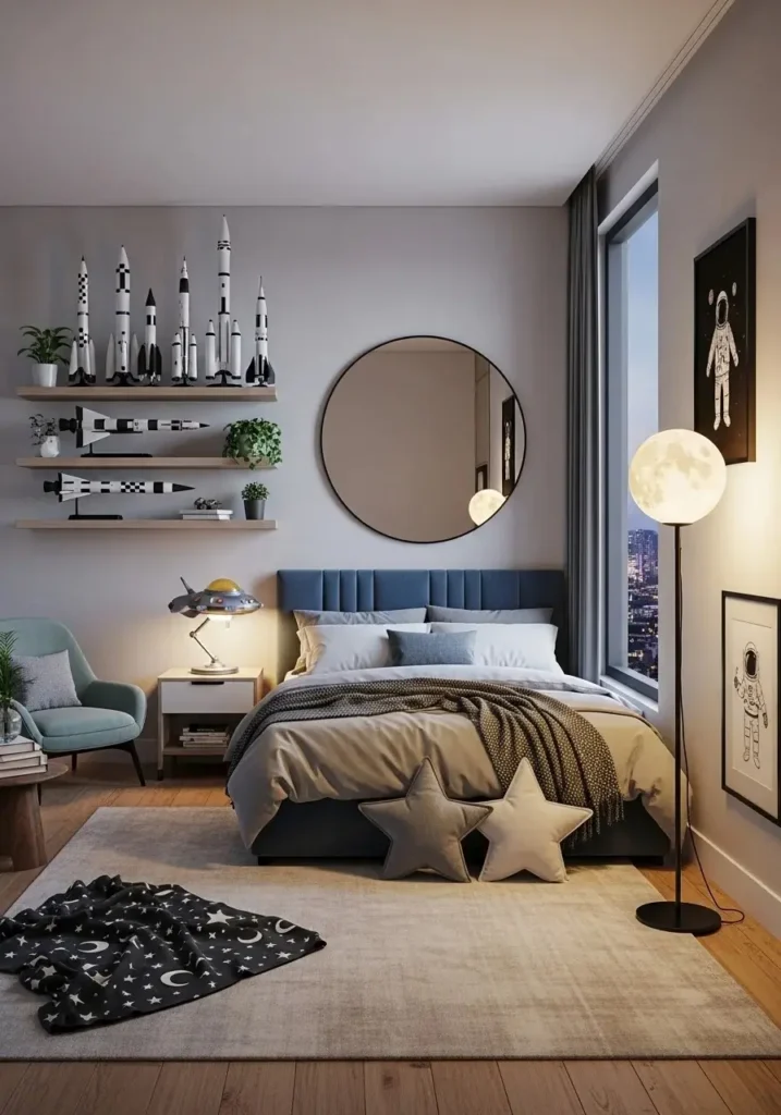 Bedroom with rocket decor and space themed accessories in a cozy setup.