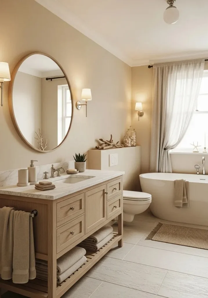 Sandy beige tones adding warmth to a coastal bathroom design