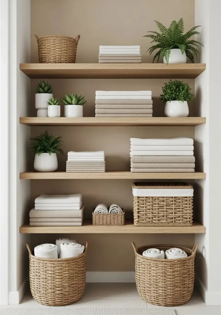 Open shelving with natural decor in a coastal bathroom design