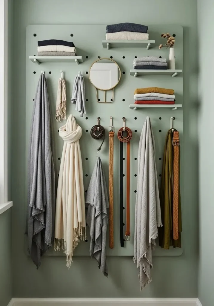 Hooks and pegboard turning a wall into functional storage in a small bedroom
