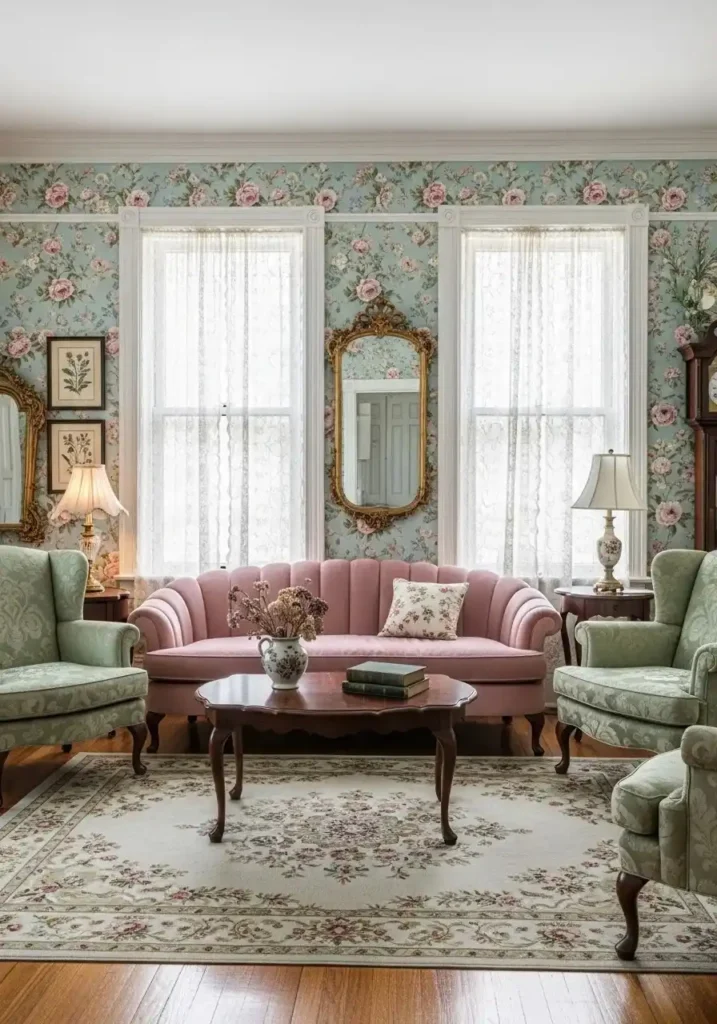 Floral patterned wallpaper in vintage living room