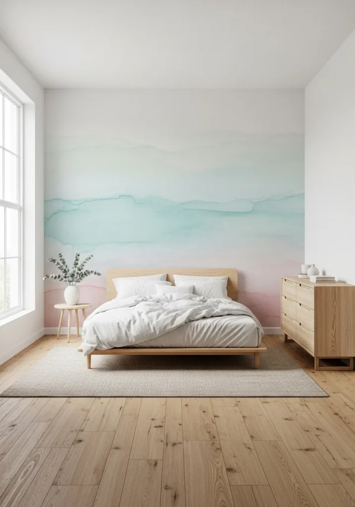 Bedroom with artistic watercolor mural wallpaper accent wall