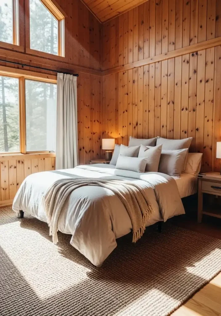 Cozy cabin bedroom featuring warm wood-paneled walls and soft neutral bedding for a grounded, natural look.