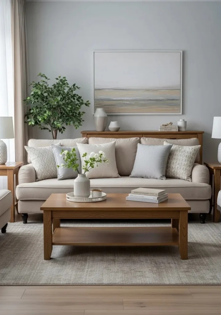 Beige couch living room with wooden furniture and greenery for a timeless and warm look.