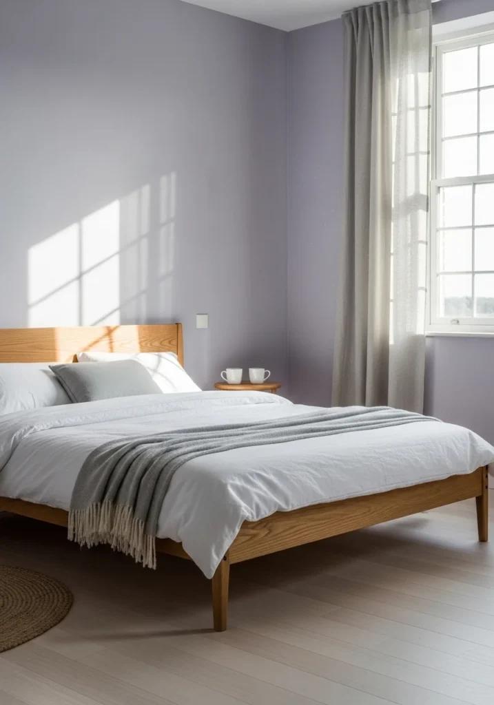 soft lavender bedroom walls with white bedding