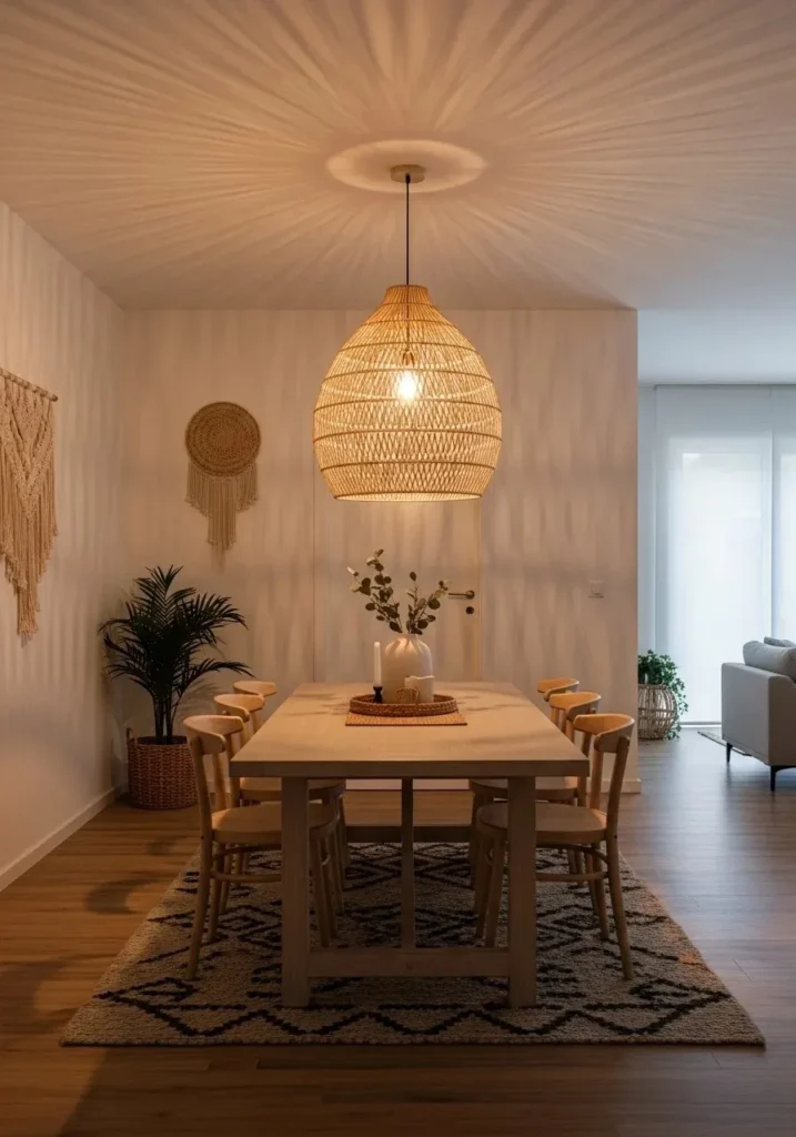 Boho dining room with rattan pendant light creating warm ambient lighting