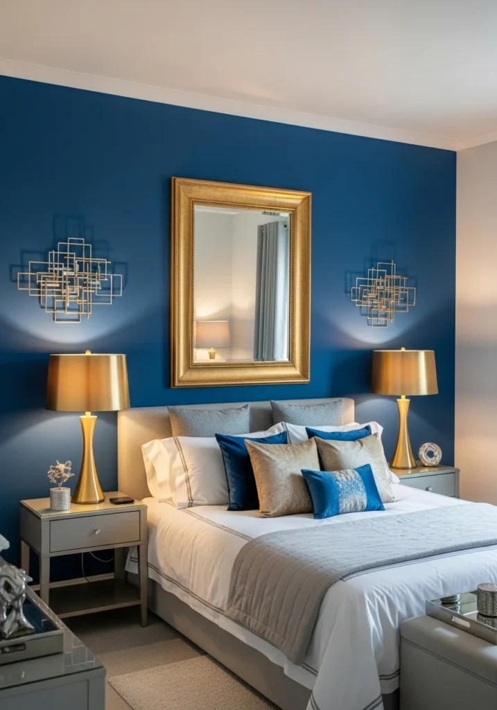 Blue accent wall with gold accents creating a luxurious and elegant bedroom design
