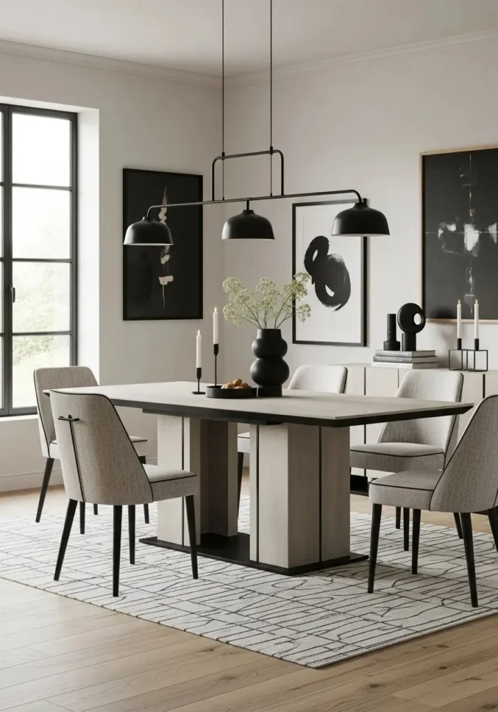 Modern dining room with dark accents adding contrast and depth
