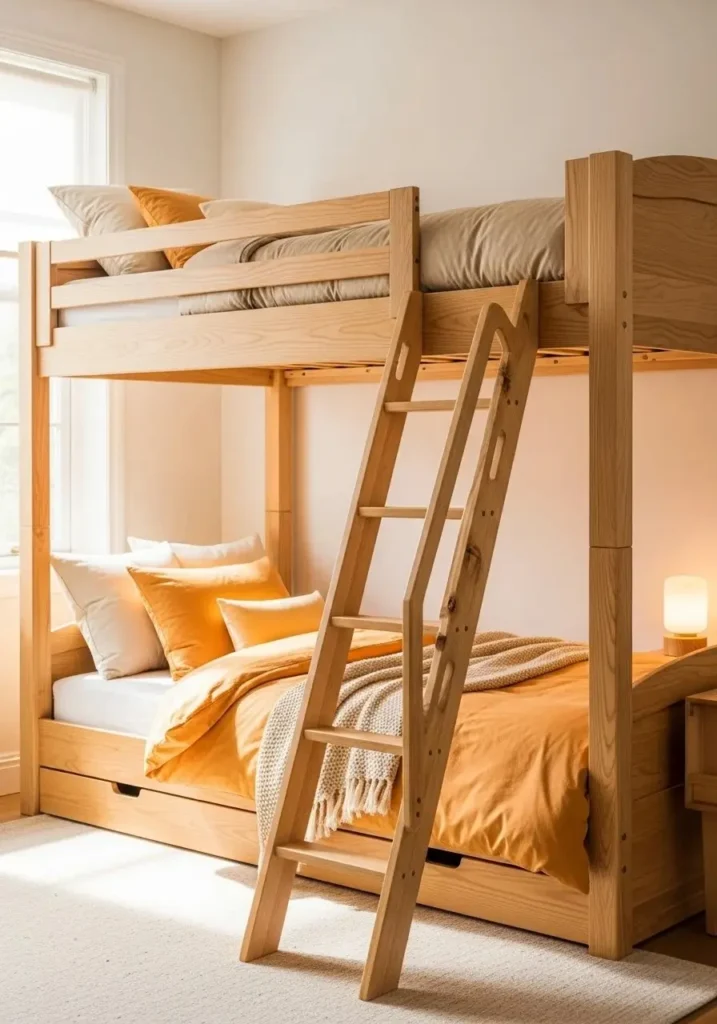 Loft bed with a sliding ladder, providing safe and stylish access to the elevated bed.
