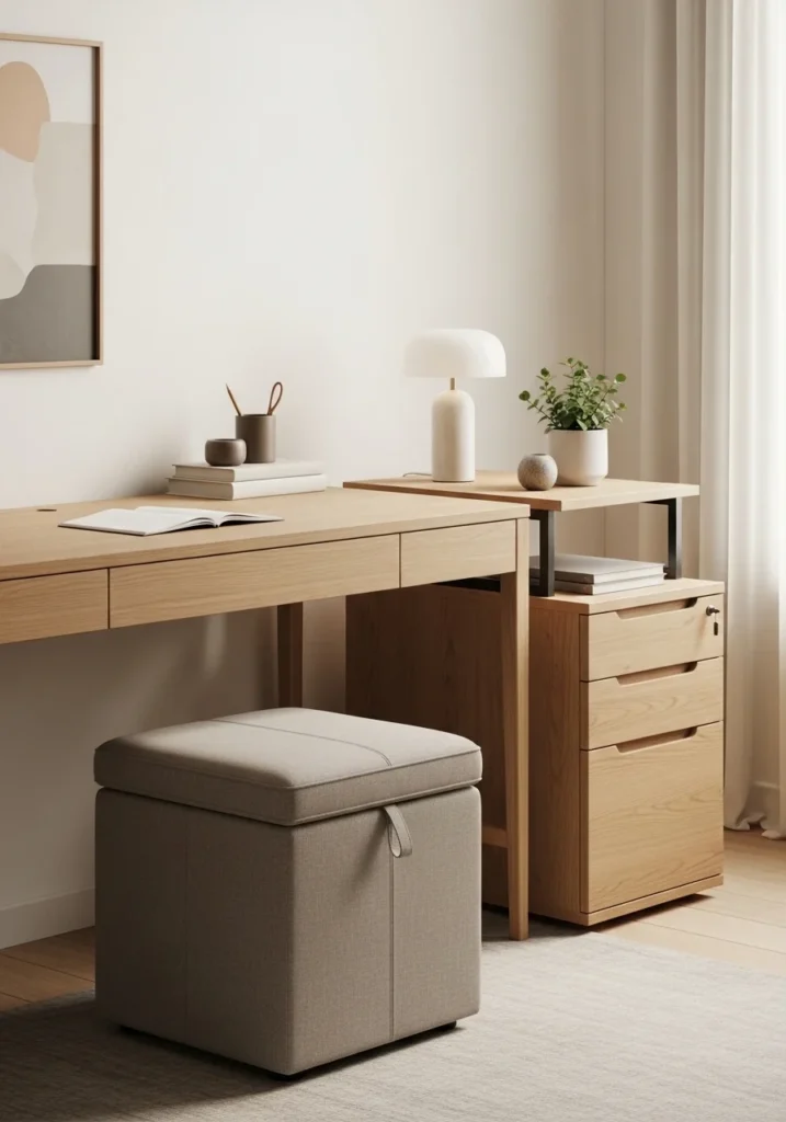 Multi-functional office furniture with hidden storage and stylish design for a tidy, productive workspace.