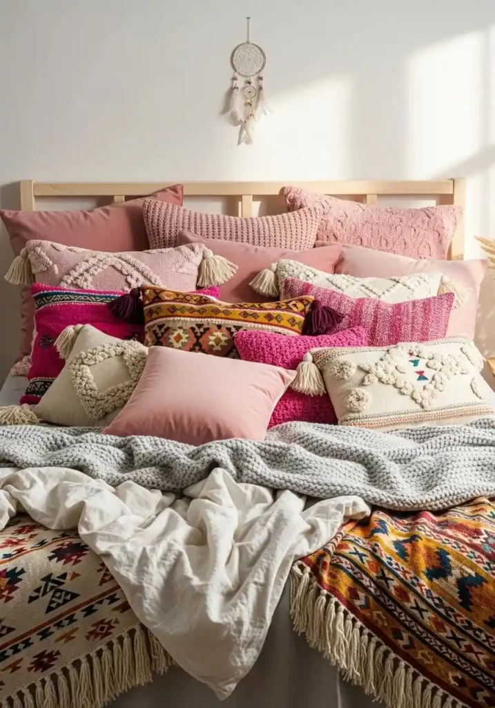 Pink patterned boho pillows on a cozy bed