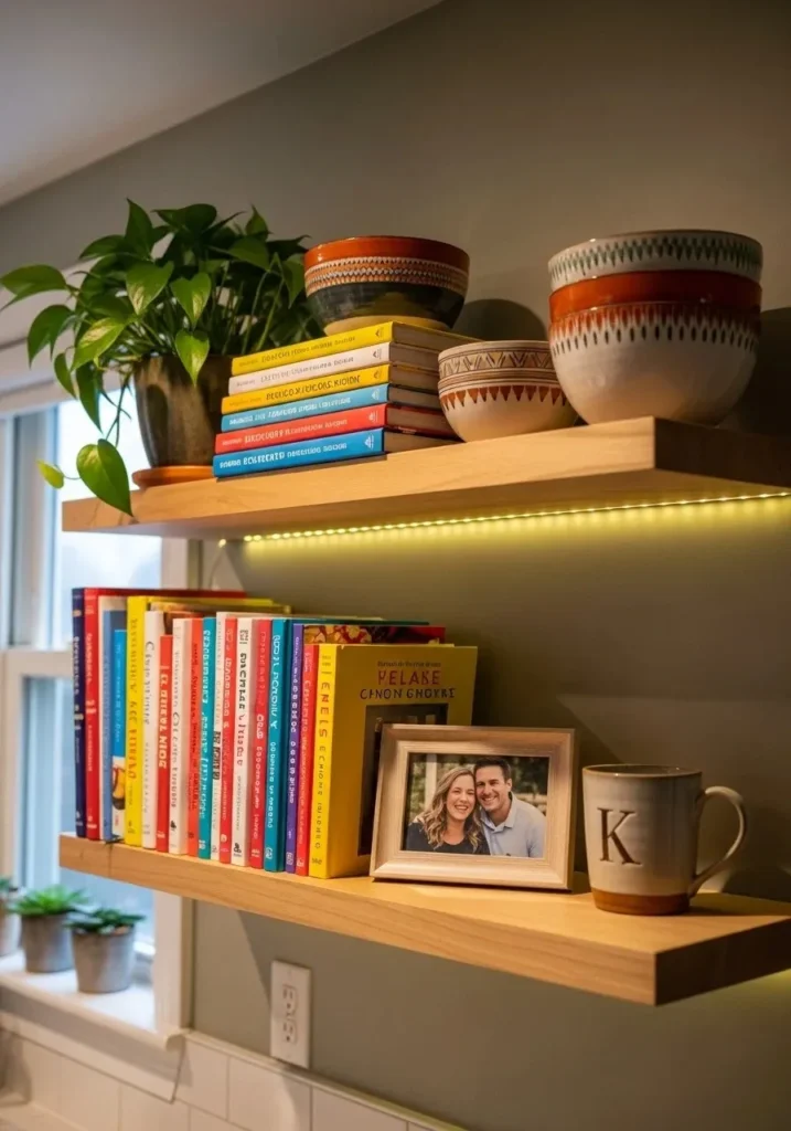 floating shelves kitchen cookbook display