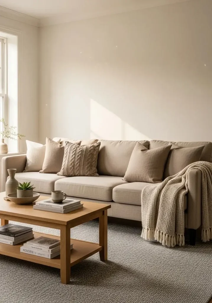 Beige couch living room styled with layered neutrals, soft gray rug, and taupe pillows for a warm and cozy feel.