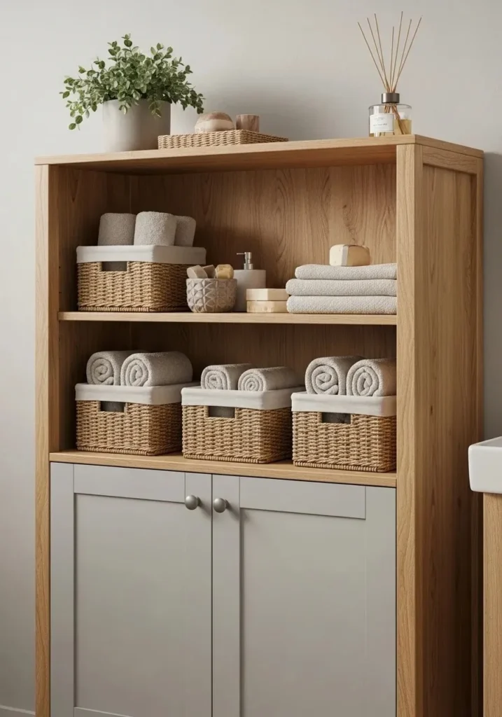 Bathroom cabinet with open shelves displaying baskets and decorative items