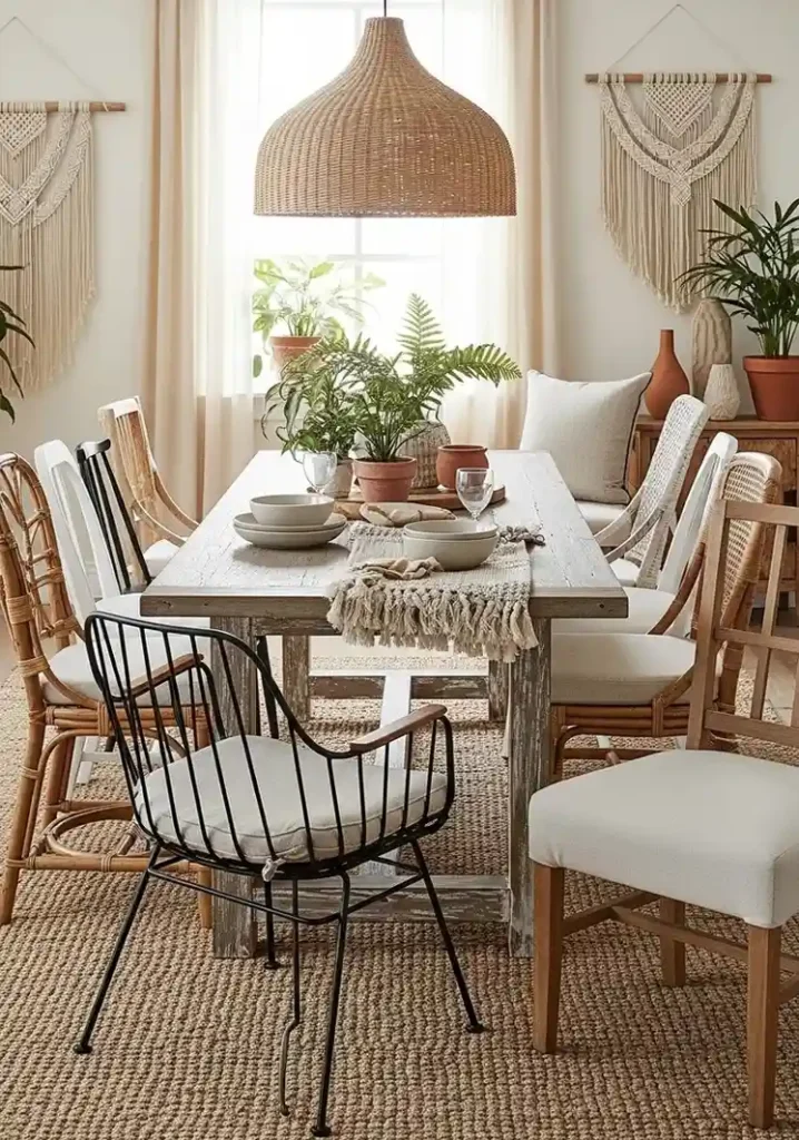 Boho dining room with mix and match chairs in wood and rattan for an eclectic style