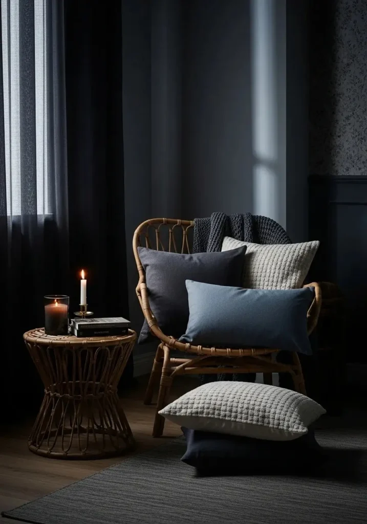 Dark boho bedroom with rattan and wicker furniture accents.