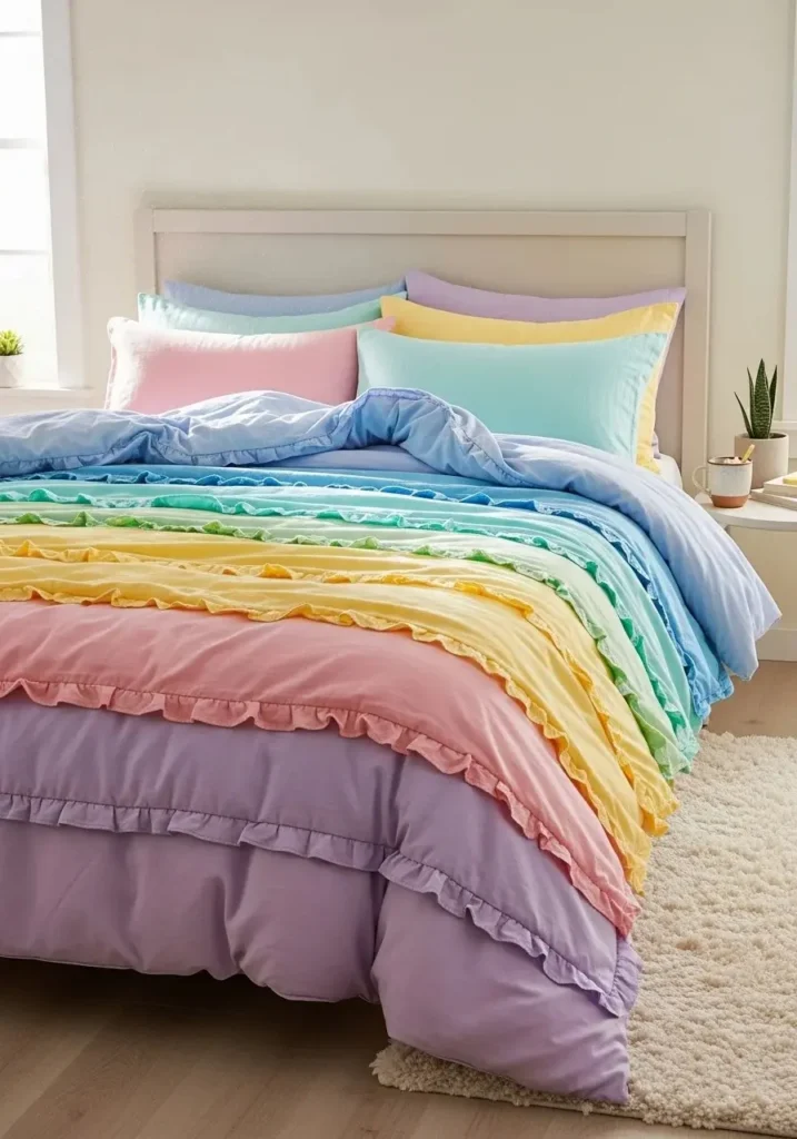 layered rainbow bedding bedroom