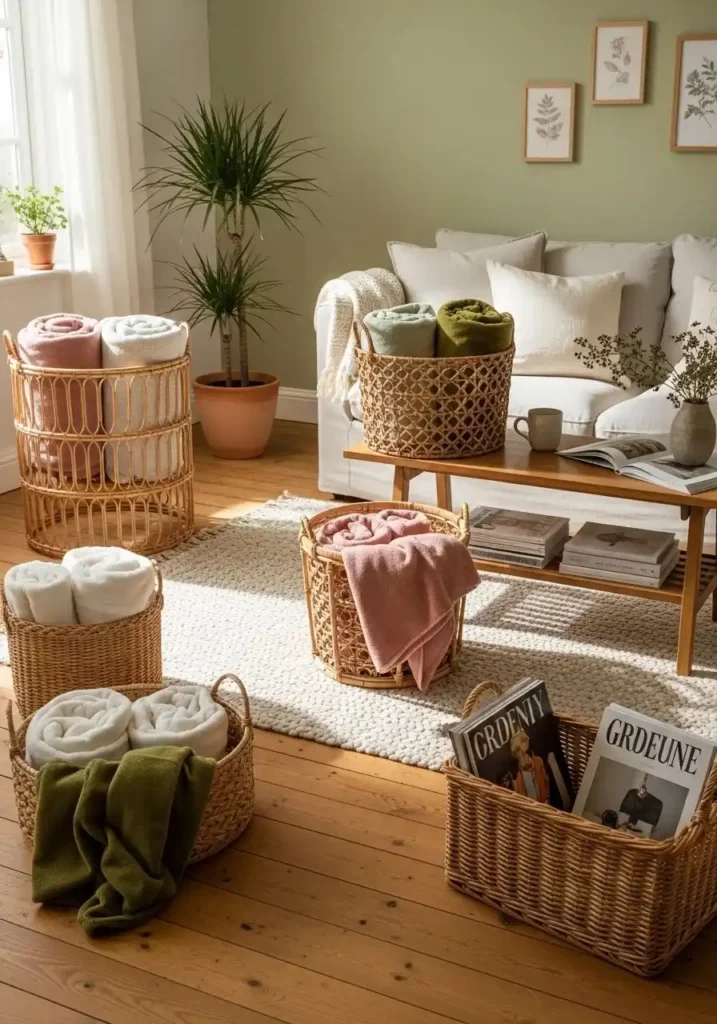 Woven baskets used for storage in a cottagecore living room
