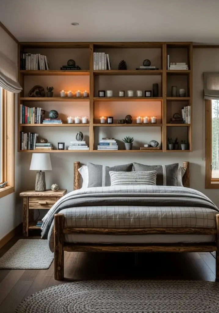 Open shelving in a cabin bedroom offers storage and showcases personal, rustic touches.