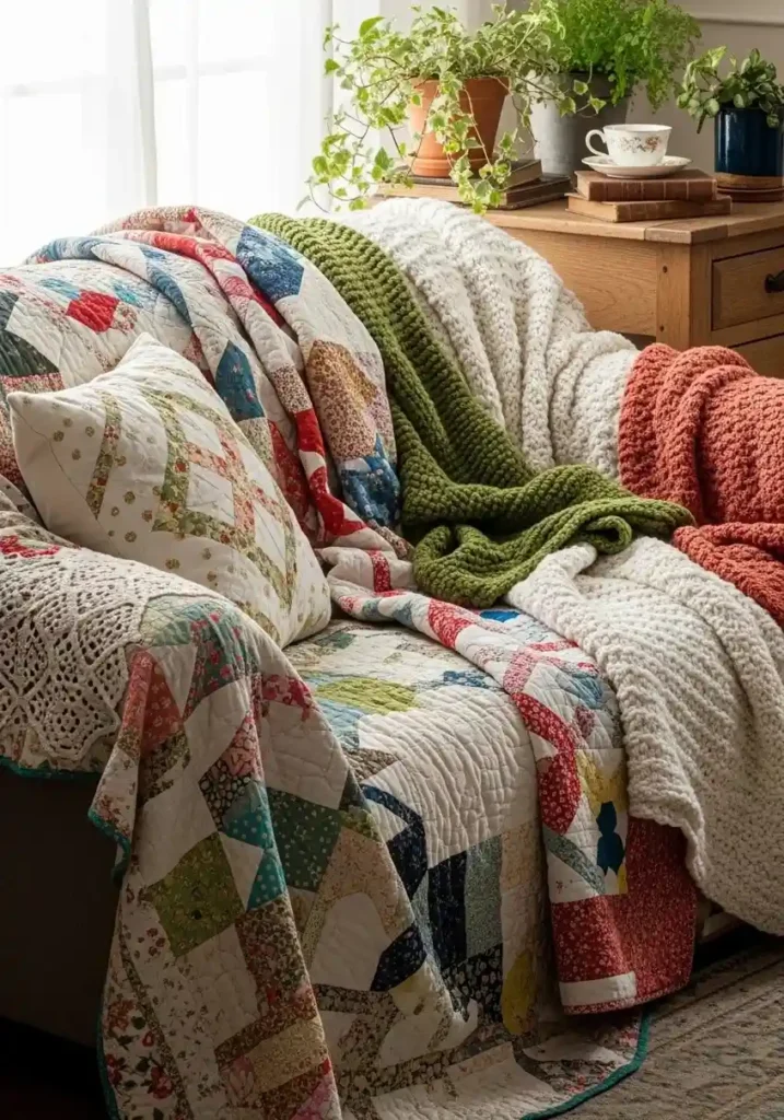 Cottagecore living room sofa with layered quilts and throws
